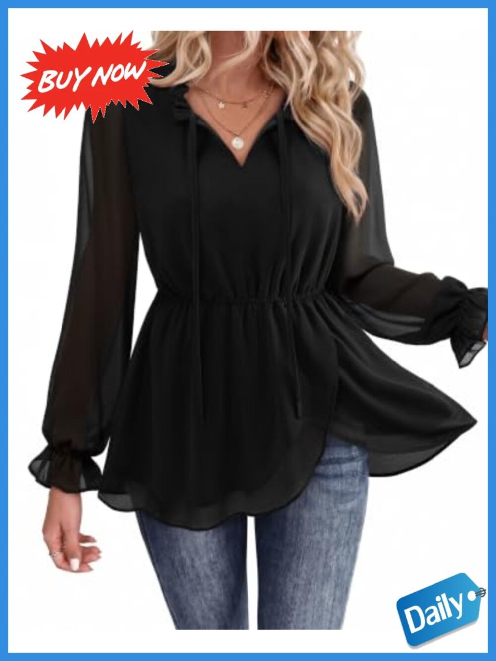 Womens Ruffle V-Neck Chiffon Tunic Blouse Long Sleeve Flowy Work Top